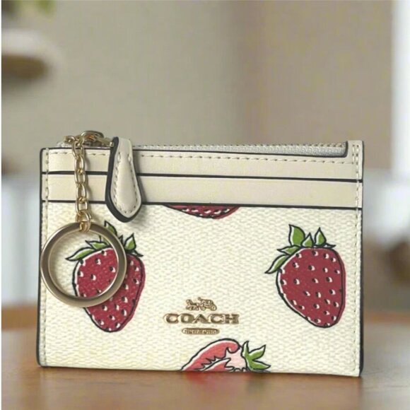 Coach Mini Skinny ID Wallet Strawberry Print Keyring CAR17 Womens White Red - Picture 1 of 10